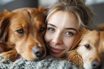 Tender moment of a smiling young woman embraced by two loving dogs under a cozy blanket