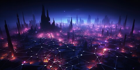 Wall Mural - Purple hues enhance the glowing nodes of this intricate digital network with bright links