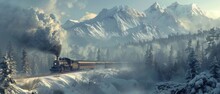 Vintage train steaming through a winter landscape with snow-clad mountains and dramatic clouds.