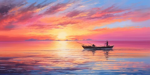Wall Mural - As the sky blazes with the colors of sunrise, a solitary boat glides across the calm water, reflecting the stunning landscape and carrying its passengers on a wild journey through the untamed beauty