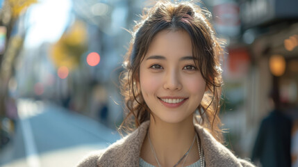 Wall Mural - Korean young beautiful smiling woman on a blurred background of a city street, portrait, person, business lady, Asian girl, Japanese, eyes, black hair, beauty, walk, outside, people, Chinese