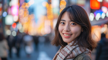Wall Mural - Korean young beautiful smiling woman on a blurred background of a city street, portrait, person, business lady, Asian girl, Japanese, eyes, black hair, beauty, walk, outside, people, Chinese