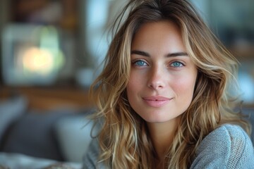 Wall Mural - Natural light portrait of a relaxed woman with beachy waves, offering a warm smile indoors