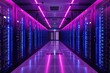 Server room with bright LEDs: a data center where light and technology merge into a virtuoso symphony