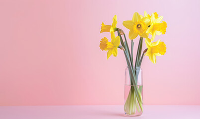 Wall Mural - bright yellow daffodil flowers in a clear glass vase on a pastel pink background, free space for text 