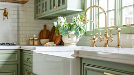 A kitchen faucet showcased in a warm, cozy green kitchen setting. The faucet features a gold bridge design, accompanied by a white apron sink, a tiled backsplash, and a white marble countertop