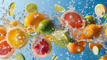 Wall Mural - Refreshing citrus fruit splash with vibrant colors in water