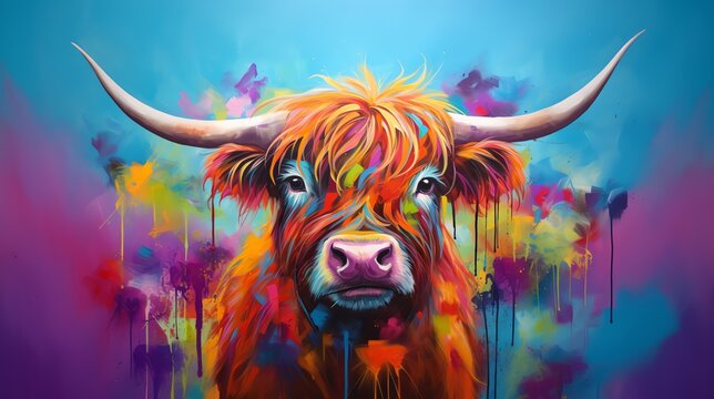 An abstract, colorful painting of a Highland Cow with an aqua base background
