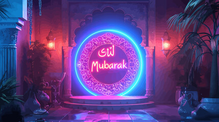 Wall Mural - 3d multi color light Eid Mubarak Design