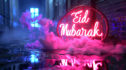 Wall Mural - 3d multi color light Eid Mubarak Design