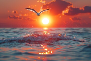 Wall Mural - Majestic seagull flying gracefully over the ocean against a backdrop of a stunning sunset, representing freedom