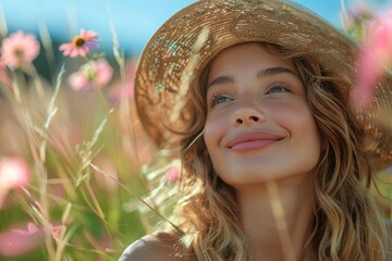 A serene young woman with a sun hat smiles among colorful flowers, embodying bliss