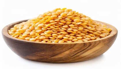 Wall Mural - yellow lentil in wooden bowl isolated on white background top view