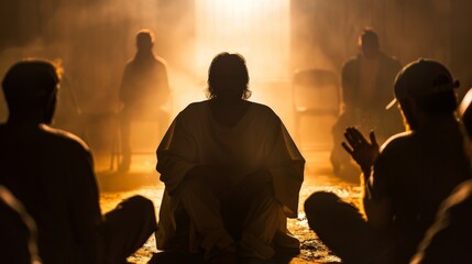 Wall Mural - Silhouette of Jesus Christ mediating a session for peace among rival gang members.