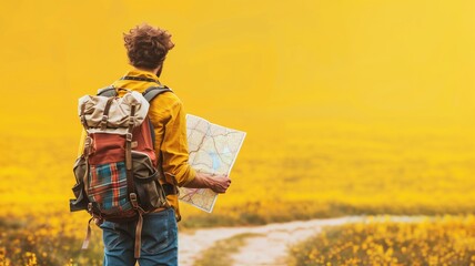 A solitary man with a backpack consults a map amidst vast yellow flowering fields