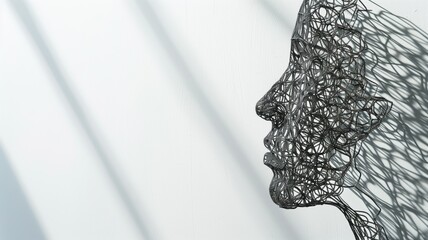 Wall Mural - Minimalist wire mesh sculpture of a face, shadow play