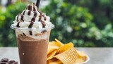closeup of takeaway plastic cup of coffee mocca frappe with whipped cream and chocolate sauce and chips with copy space using for cover page