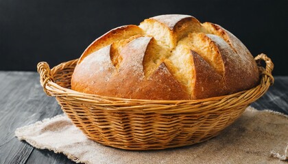 Wall Mural - fresh baked white bread in a wicker basket on the table on black background