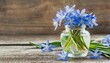 spring flowers scilla in a glass bottle on a wooden background