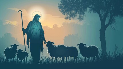 Wall Mural - Silhouette of Jesus Christ with a flock of sheep, symbolizing the Good Shepherd, in a pastoral scene.