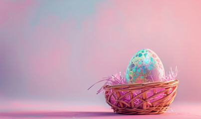 Wall Mural - unique holographic easter egg in a straw basket on pastel background, free space for text