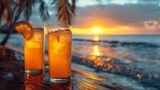 Fototapeta  - Two Glasses of Lemonade on Table Overlooking Ocean