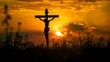 Silhouetted figure of Jesus Christ on the cross during a dramatic sunset.