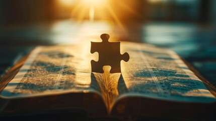 Sticker - Silhouetted open Bible with a puzzle piece fitting into place above it.