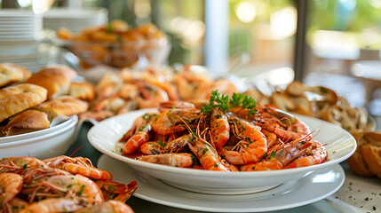 Poster - a table topped with plates of food and breads next to a bowl of shrimp