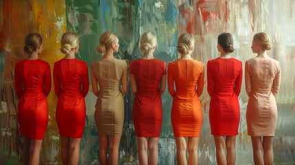 Poster - A group of women in red dresses are standing in front of a painting, showcasing the contrast between their elegant outfits and the vibrant artwork