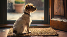 A Small Dog Sitting On A Door Mat Looking Out The Front Door Of A House