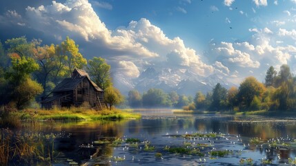 Wall Mural - A small house on the lake shore, encircled by trees under a cloudy sky