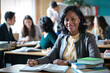 Smiling mature African American female adult student facing the camera in a classroom setting, embodying the essence of education and empowerment.

