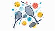 drawing of multiple individual objects like basket ball, tennis racket, rugby ball.  white background