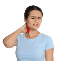 Wall Mural - Woman suffering from rheumatism on white background