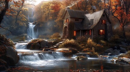 Wall Mural - House by a waterfall surrounded by lush nature in a peaceful setting