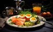 Healthy keto breakfast with eggs, salmon and avocado on a plate, restaurant serving.