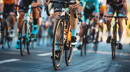 Close-up of a group of cyclists with professional racing sports gear riding on an open road cycling route
