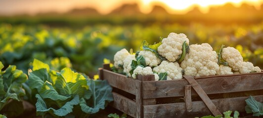 Cauliflowers in wooden boxes against the background of a field with cauliflower
