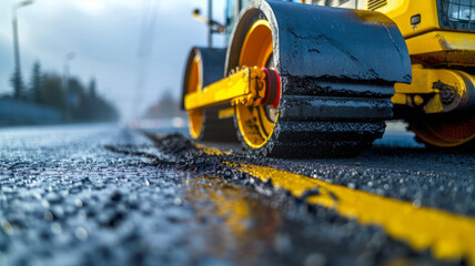 Road construction machinery working on an asphalt highway.