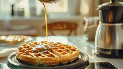 Wall Mural - Fresh Belgian waffles with syrup