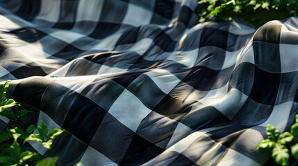 Wall Mural - Black and White Checkered Fabric With Green Leaves