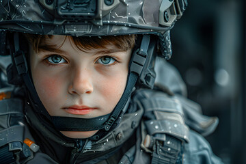 Sticker - boy, 10 years old, wearing a special forces uniform, in a tactical helmet with weaponsstanding in front of equipment