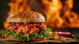 Fototapeta Panele - Delicious spicy fried chicken burger with burning fire on dark background
