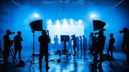 Canvas Print - Behind the shooting production crew team and silhouette of camera and equipment in studio.