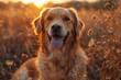 © Pinklife - Closeup of a golden retriever sitting amidst a field with warm sunset illuminating the fur and plants