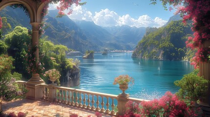 a balcony overlooking a lake with mountains in the background