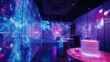 A holographic lavender wall hosting a high-tech celebration with interactive holograms, including a dancing cake and digital fireworks that respond to guests' cheers.