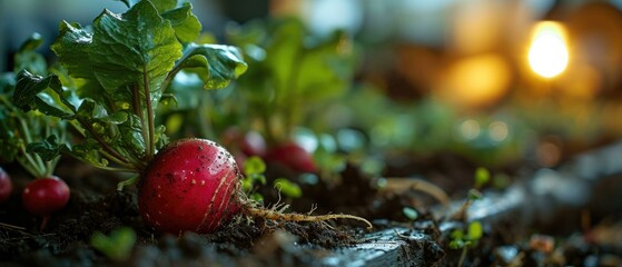 Canvas Print - Radishes growing in the soil with a light in the background. Generative AI.