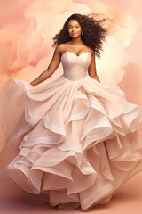 Wall Mural - Elegant African American bride in a flowing white wedding dress in peach background. Concept of bridal joy, natural beauty, grace, femininity, and elegant simplicity.